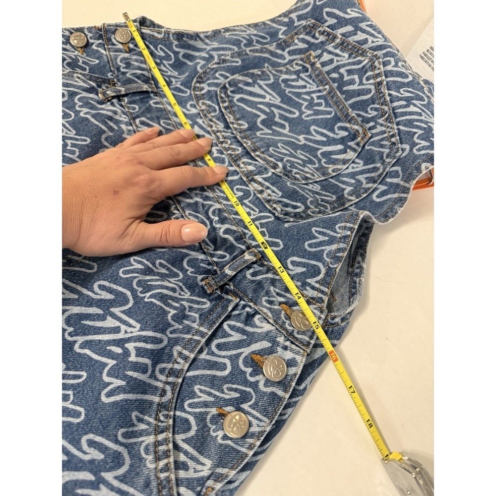 Fubu x Forever 21 Denim Overalls All Over Print 05 Orange Straps Y2K Women Sz S - Picture 13 of 16